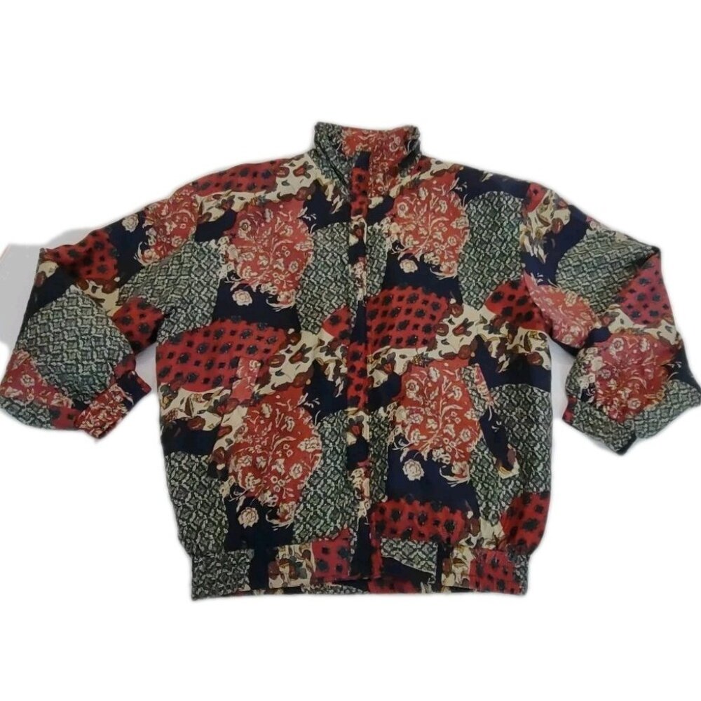 Fuda International Jacket Women PM VTG 100% Silk Bomber Artsy Floral Design